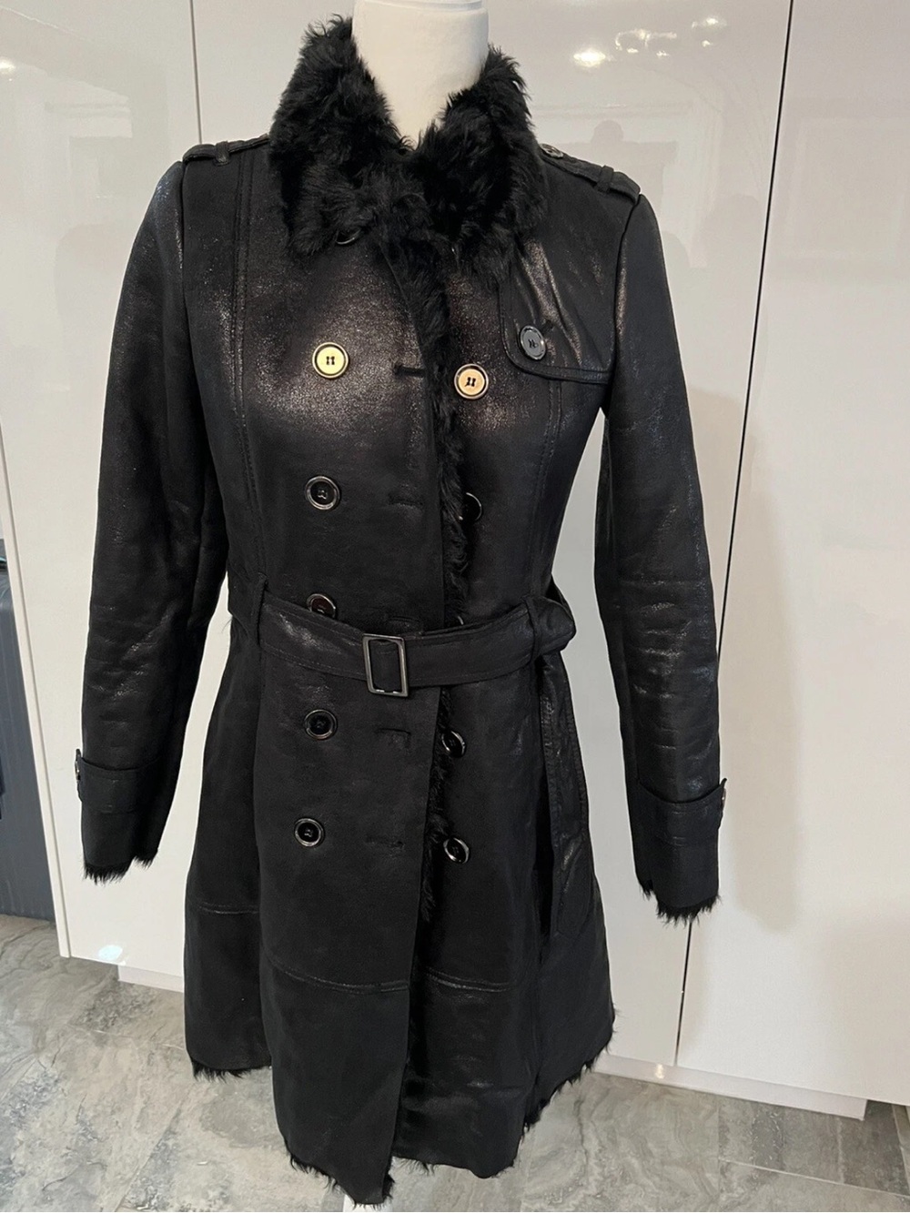 Armani Exchange A|X Black Faux Leather Faux Fur Trench Coat XS